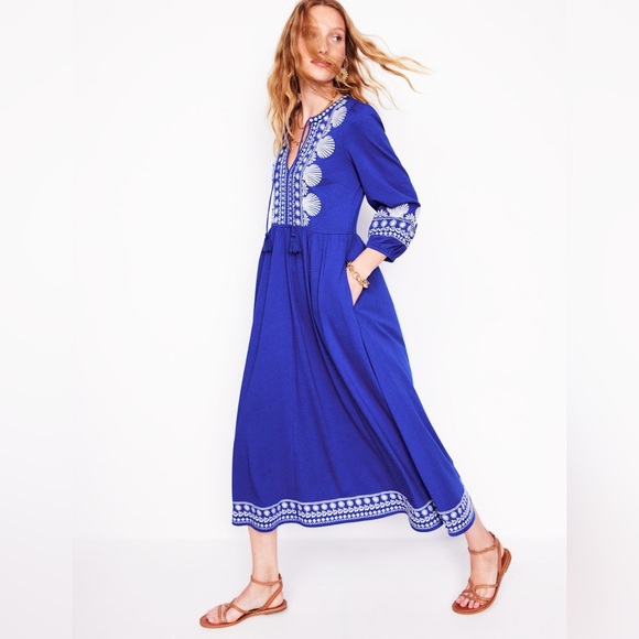 Boden Dresses & Skirts - Boden Embroidered Notch Neck Midi Maxi Dress Bright Blue NEW 8